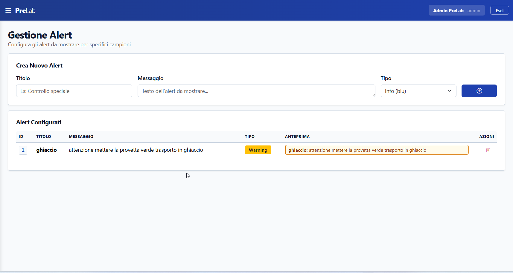 Gestione alert PRELAB